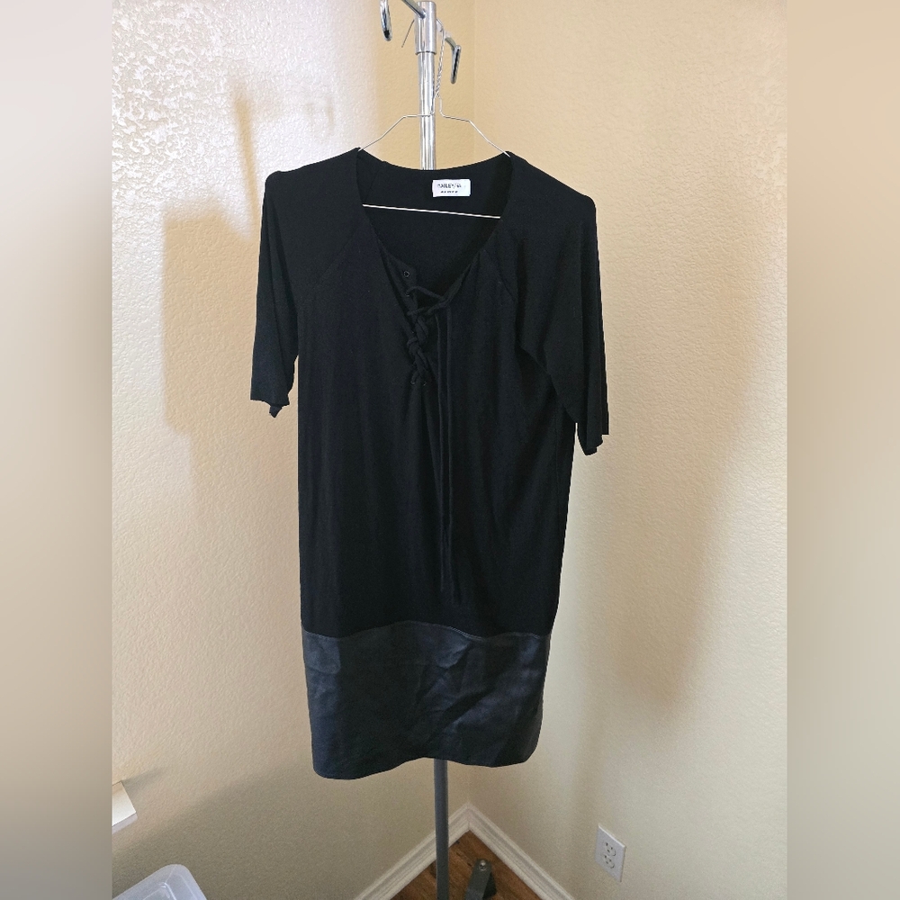 Bailey/44 3/4 Sleeve Black Dress With Faux Leather Bottom